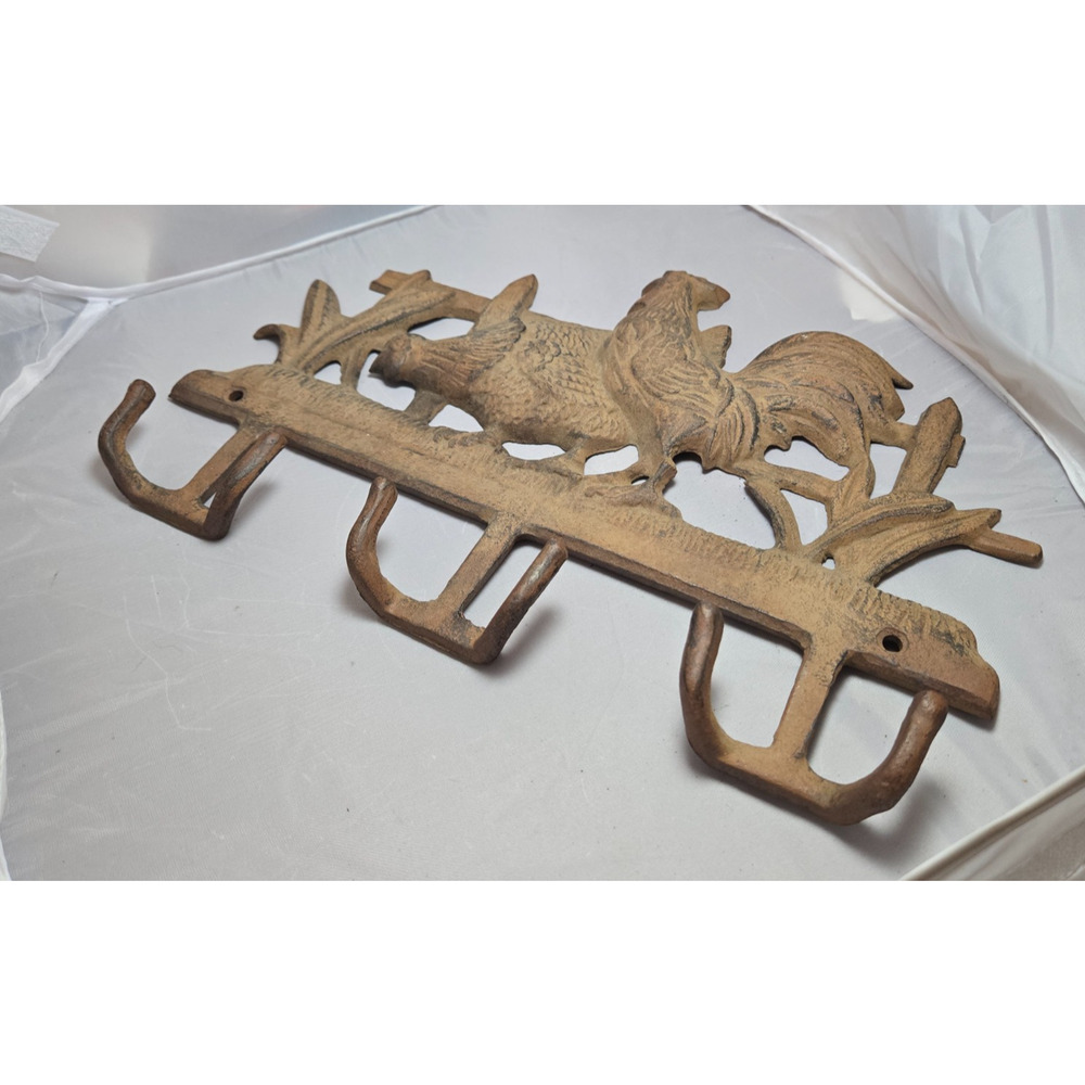 VTG Cast Iron 6-Hook Coat Hanger Chicken Rooster & Corn Country Farm House